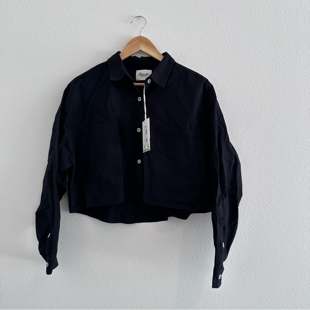 Kuwalla Cropped Oxford Shirt Womens Medium Black Button Up Casual Long Sleeve